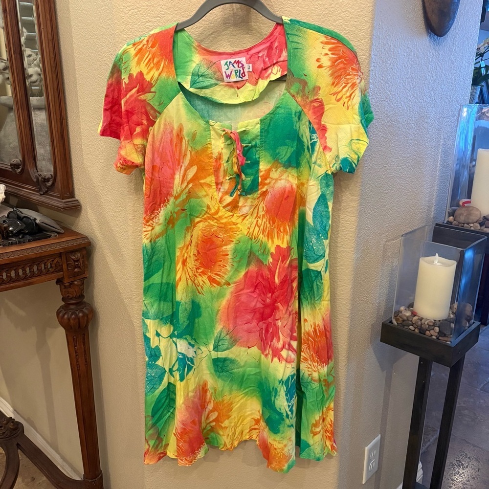 Vintage JAMS WORLD Women Colorful Floral Lace Up Short Sleeve Dress Size Large